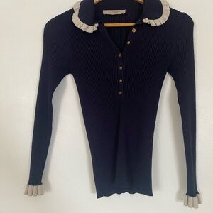 LOFT Navy Ribbed Sweater with Ruffle Detail